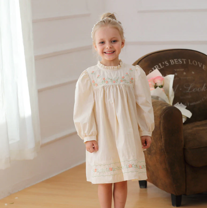 Arrival Autumn Girls Ruffle Neck Long Sleeves Flowers Embroidery Dress